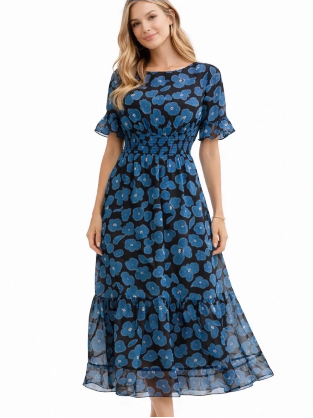Kate Spade Dark Peacock Floral Flare Blue Midi Dress with Smocked Waist